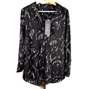 NWT Lyssé Nylon Blend Long Sleeve Designer Top Sz L Black and White Design